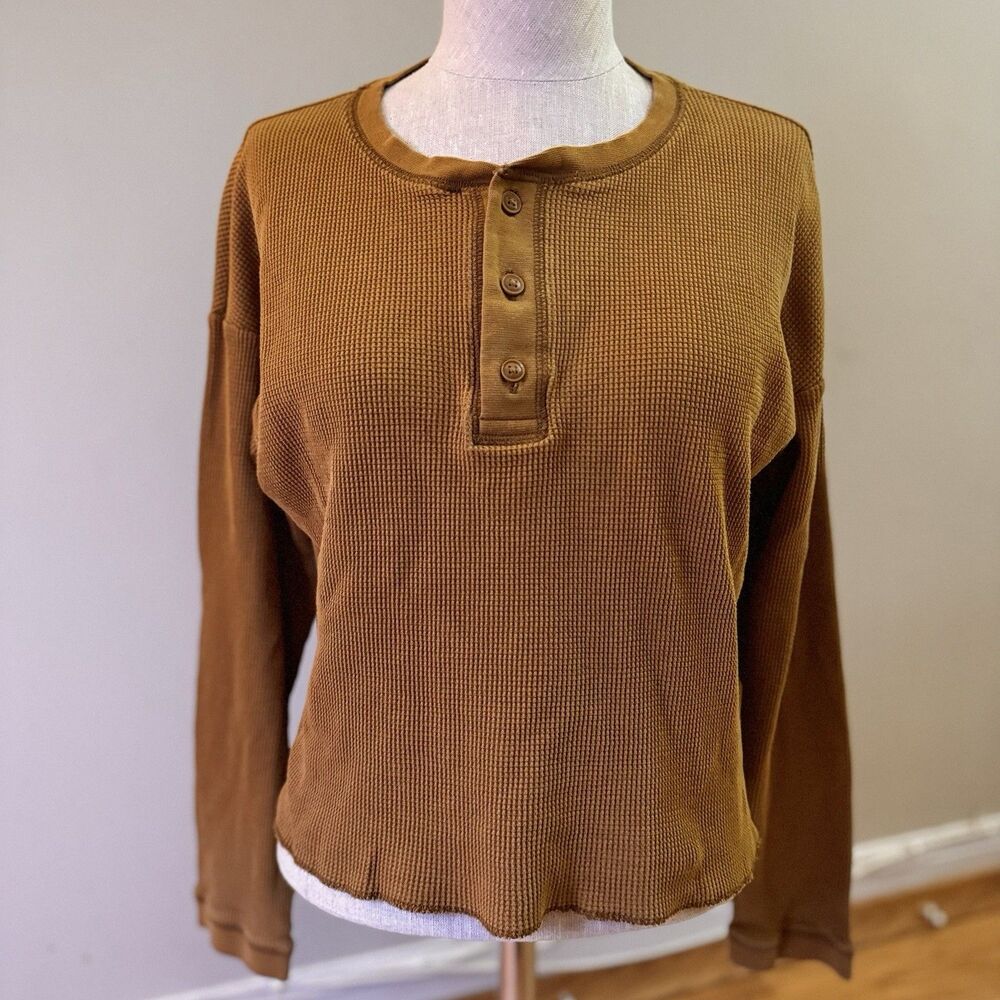Everlane Women’s Organic Cotton Waffle Henley Long Sleeve Top Orange Brown S - Picture 2 of 16
